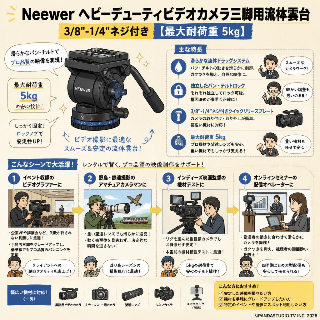 Neewer ヘビーデューティビデオカメラ三脚用流体雲台 3/8"-1/4"ネジ付き【最大耐荷重 5 kg】 おもな対象のお客様