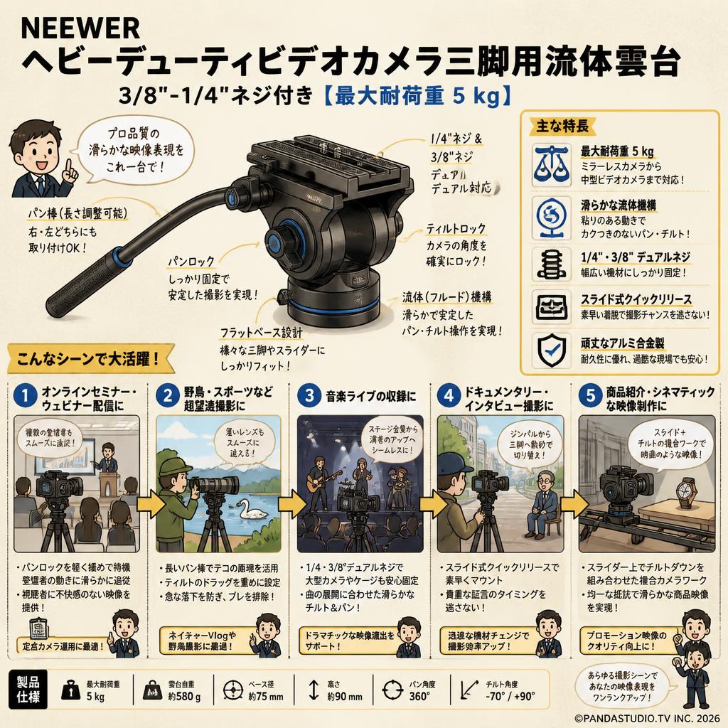 Neewer ヘビーデューティビデオカメラ三脚用流体雲台 3/8"-1/4"ネジ付き【最大耐荷重 5 kg】 用途