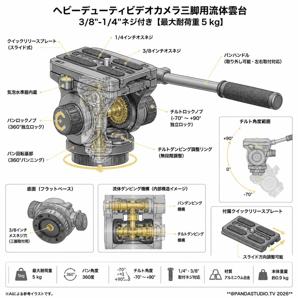 Neewer ヘビーデューティビデオカメラ三脚用流体雲台 3/8"-1/4"ネジ付き【最大耐荷重 5 kg】 スペック