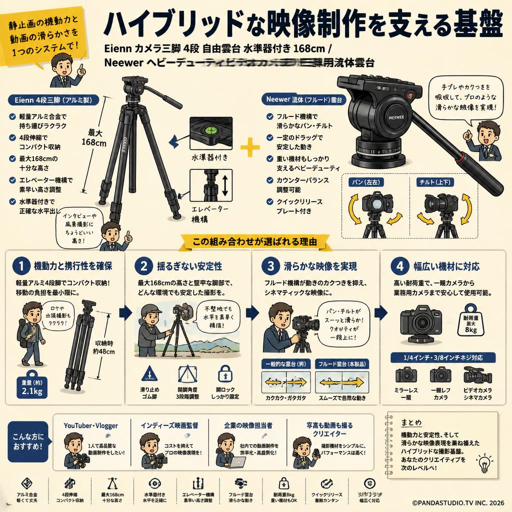 Eienn カメラ三脚 4段 自由雲台 水準器付き 168cm / Neewer ヘビーデューティビデオカメラ三脚用流体雲台 概要