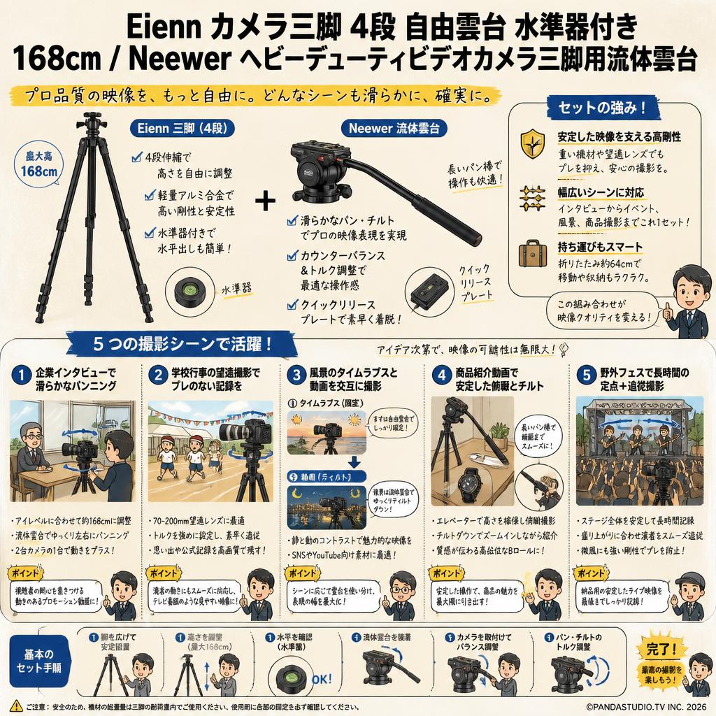 Eienn カメラ三脚 4段 自由雲台 水準器付き 168cm / Neewer ヘビーデューティビデオカメラ三脚用流体雲台 用途