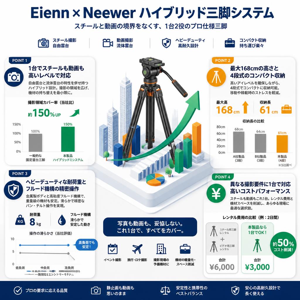 Eienn カメラ三脚 4段 自由雲台 水準器付き 168cm / Neewer ヘビーデューティビデオカメラ三脚用流体雲台 セールスポイント