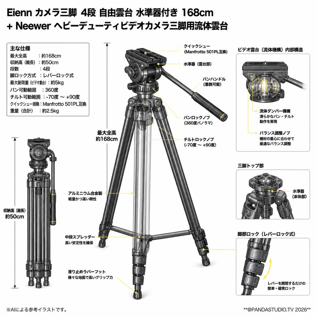 Eienn カメラ三脚 4段 自由雲台 水準器付き 168cm / Neewer ヘビーデューティビデオカメラ三脚用流体雲台 スペック