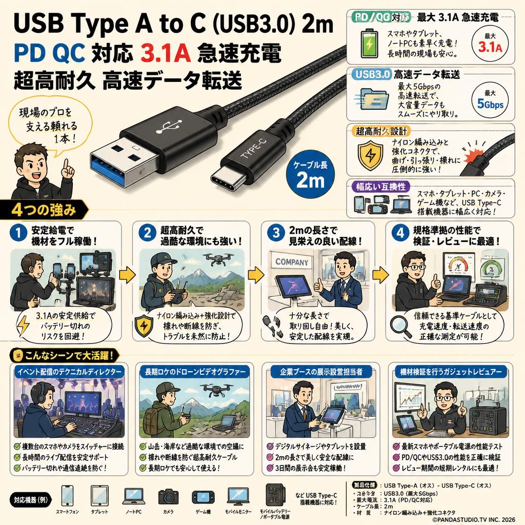 USB Type A to C（USB3.0）2m PD QC 対応 3.1A 急速充電 超高耐久 高速データ転送 おもな対象のお客様