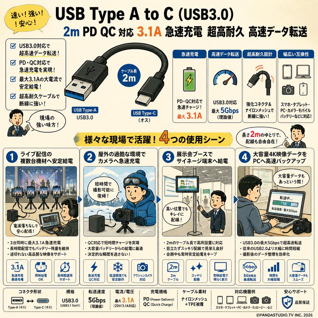 USB Type A to C（USB3.0）2m PD QC 対応 3.1A 急速充電 超高耐久 高速データ転送 用途