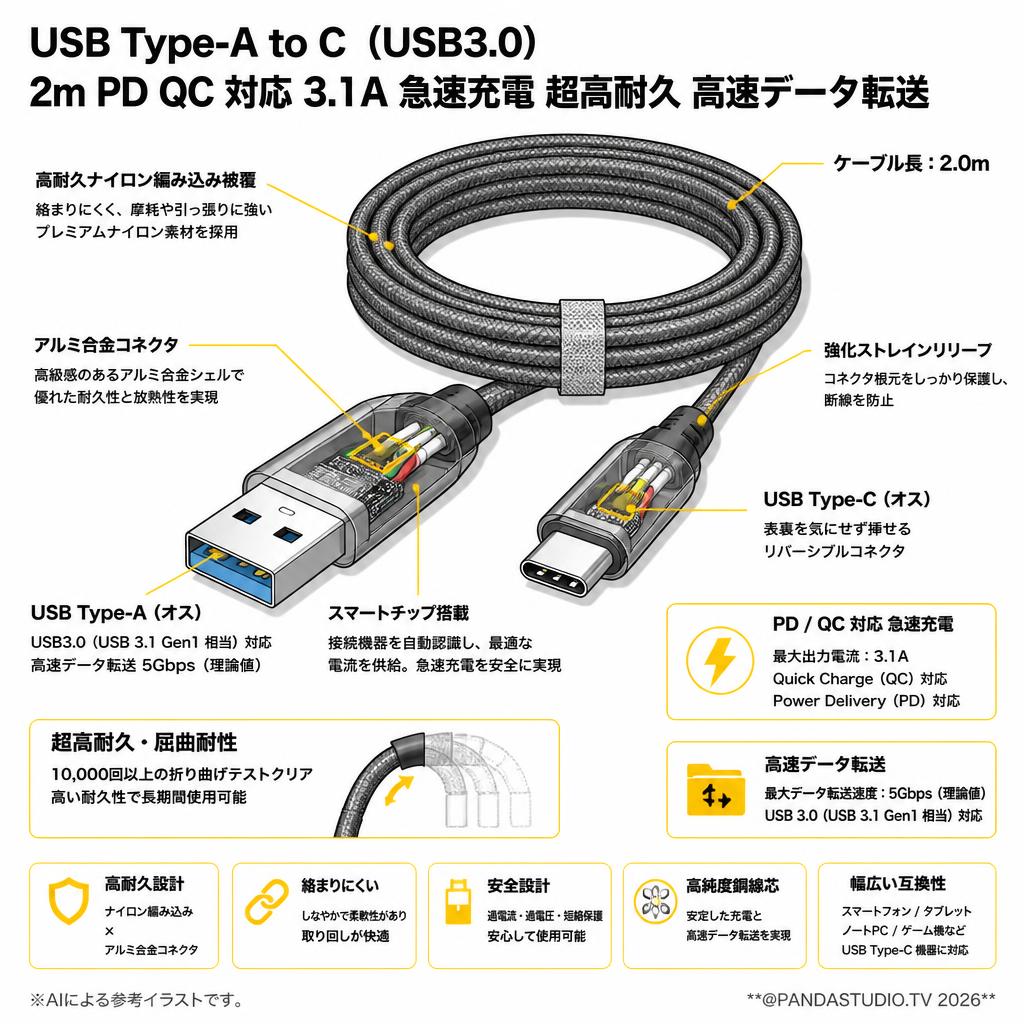 USB Type A to C（USB3.0）2m PD QC 対応 3.1A 急速充電 超高耐久 高速データ転送 スペック