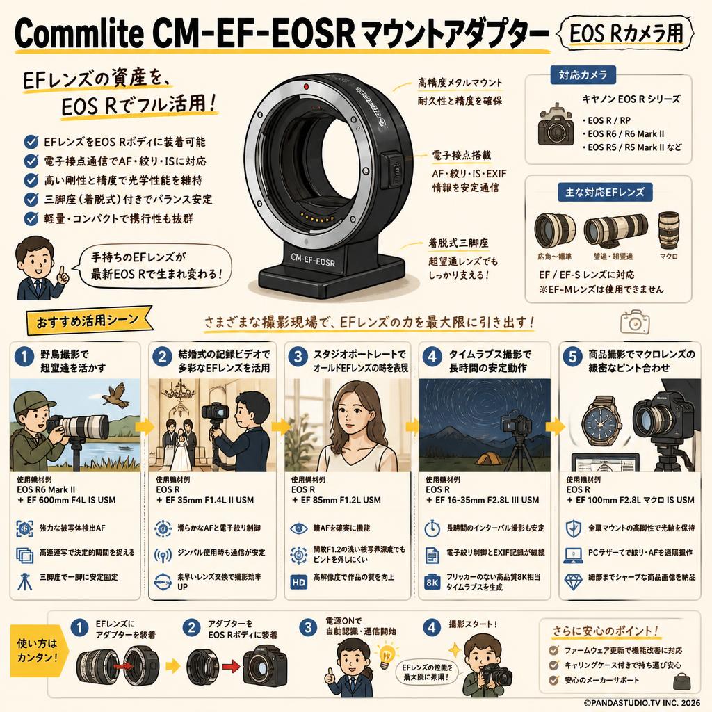 Commlite CM-EF-EOSR マウントアダプター EOS Rカメラ用 用途