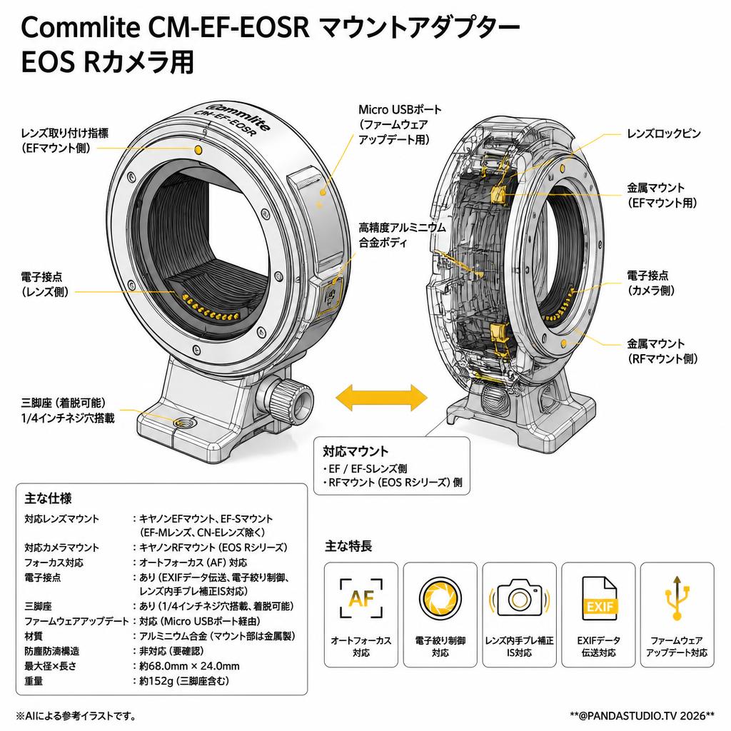 Commlite CM-EF-EOSR マウントアダプター EOS Rカメラ用 スペック