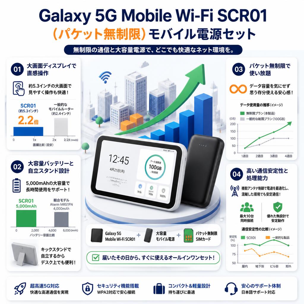 Galaxy 5G Mobile Wi-Fi SCR01（パケット無制限） モバイル電源セット セールスポイント