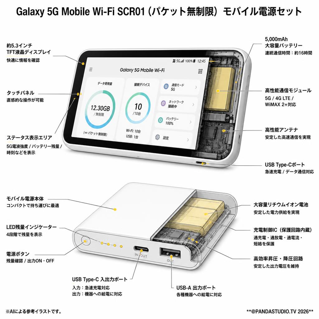 Galaxy 5G Mobile Wi-Fi SCR01（パケット無制限） モバイル電源セット スペック