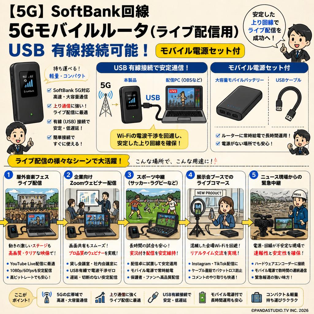 【5G】SoftBank回線 5Gモバイルルータ（ライブ配信用）USB 有線接続可能！  モバイル電源セット付 用途