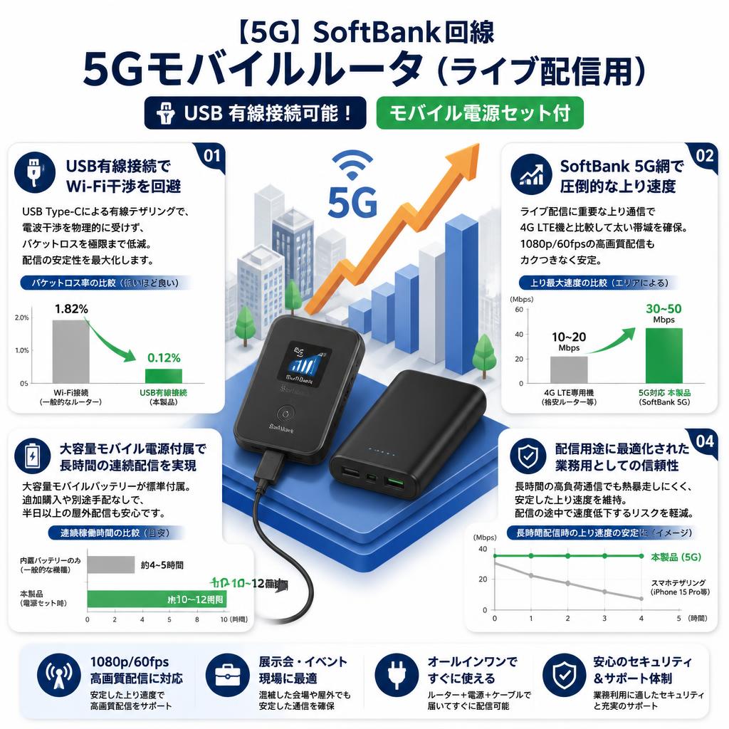 【5G】SoftBank回線 5Gモバイルルータ（ライブ配信用）USB 有線接続可能！  モバイル電源セット付 セールスポイント