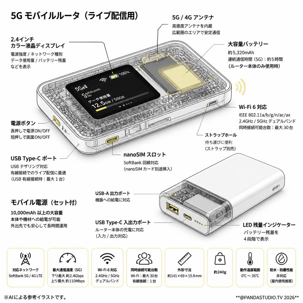【5G】SoftBank回線 5Gモバイルルータ（ライブ配信用）USB 有線接続可能！  モバイル電源セット付 スペック