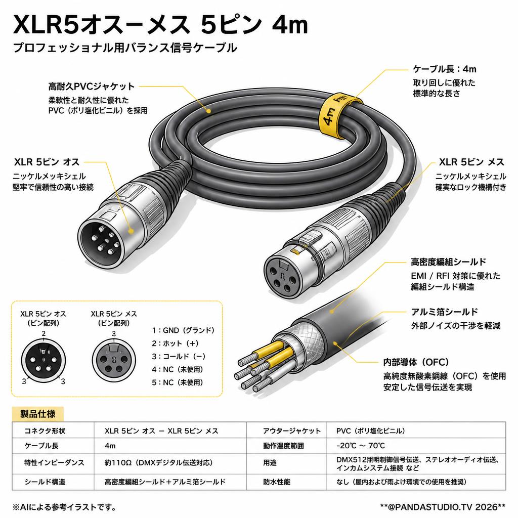 XLR5オス－メス  5ピン 4m スペック