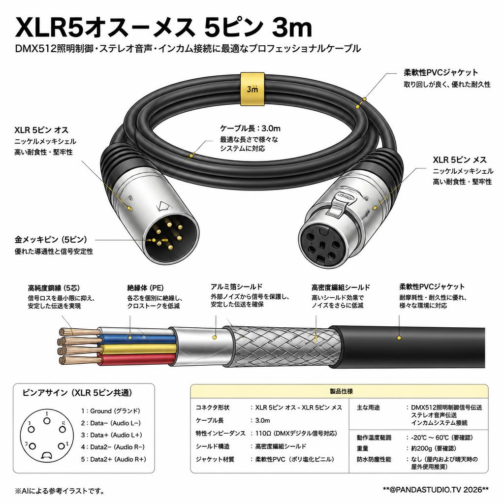 XLR5オス－メス  5ピン 3m スペック