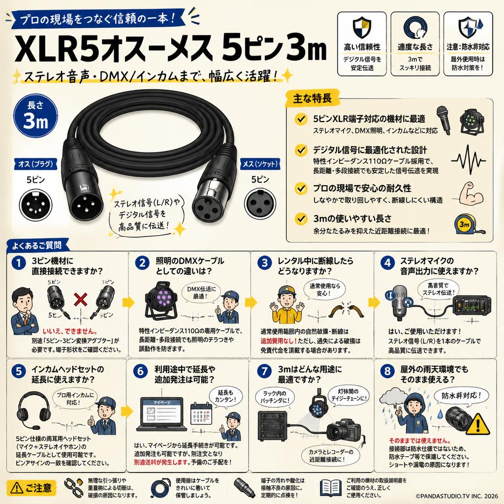 XLR5オス－メス  5ピン 3m FAQ（よくある質問と答え）