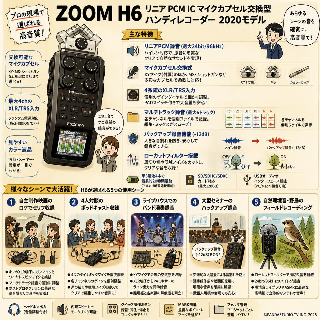 ZOOM H6 リニア PCM/IC マイクカプセル交換型 ハンディレコーダー 2020モデル 用途