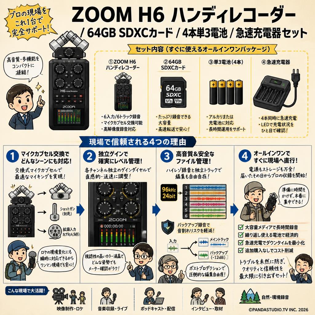 ZOOM H6 ハンディレコーダー / 64GB SDXCカード / 4本単3電池 /急速充電器セット 概要
