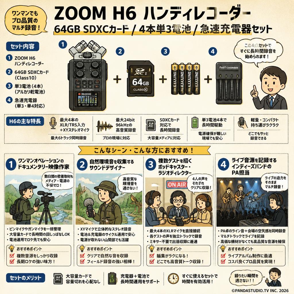 ZOOM H6 ハンディレコーダー / 64GB SDXCカード / 4本単3電池 /急速充電器セット おもな対象のお客様