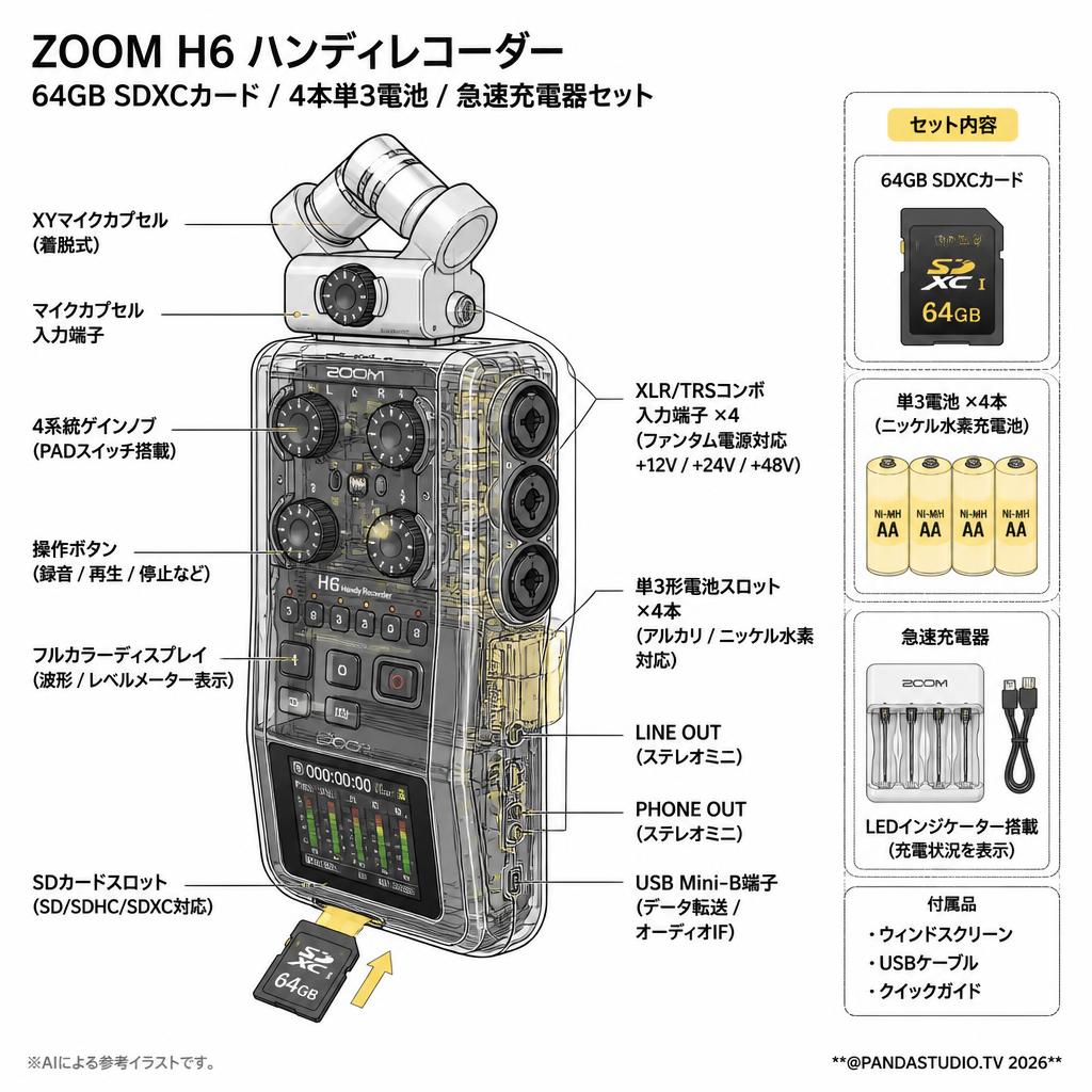 ZOOM H6 ハンディレコーダー / 64GB SDXCカード / 4本単3電池 /急速充電器セット スペック