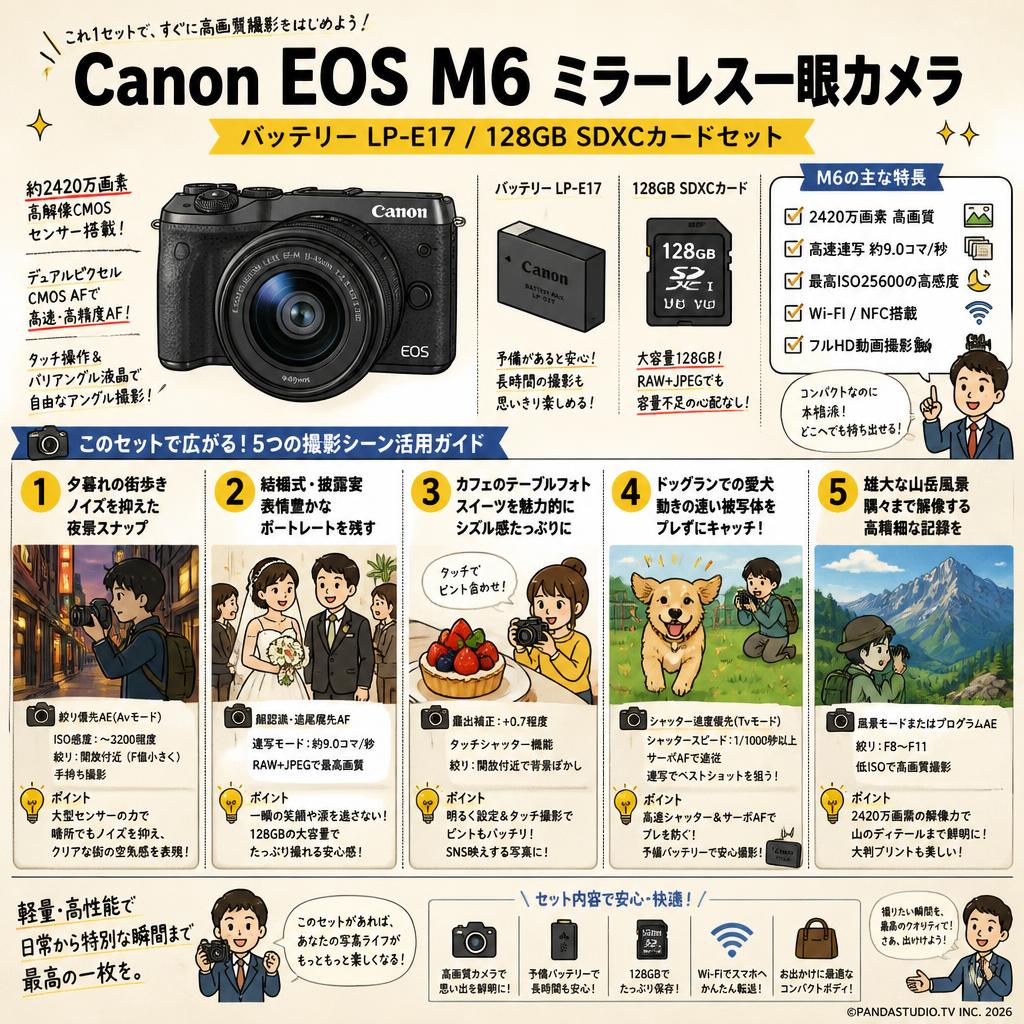 Canon EOS M6 ミラーレス一眼カメラ / バッテリー LP-E17 / 128GB SDXCカードセット 用途