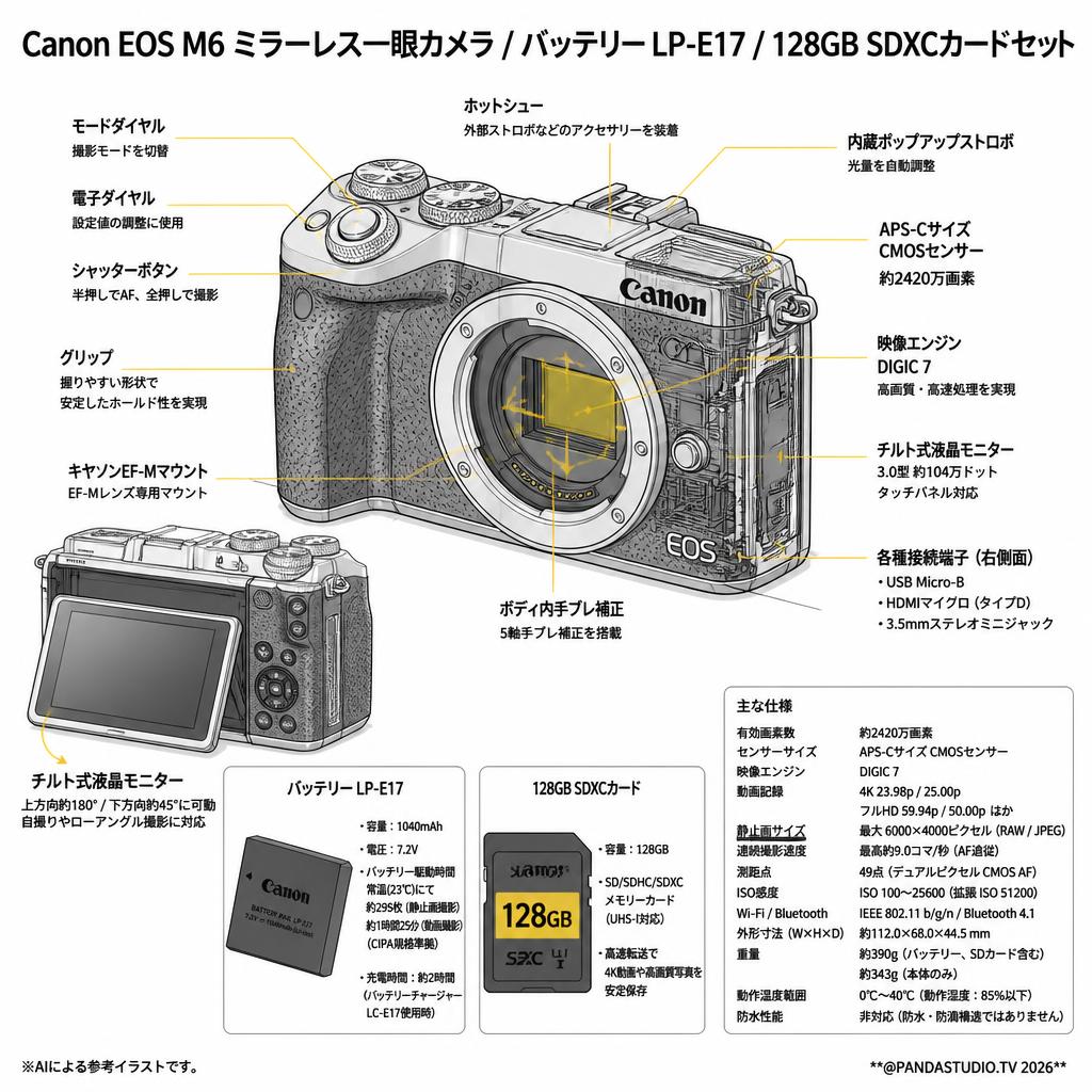 Canon EOS M6 ミラーレス一眼カメラ / バッテリー LP-E17 / 128GB SDXCカードセット スペック