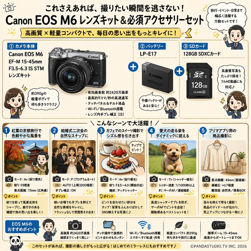 Canon EOS M6 EF-M 15-45mm F3.5-6.3 IS STMレンズキット / バッテリー LP-E17 / 128GB SDXCカードセット 用途