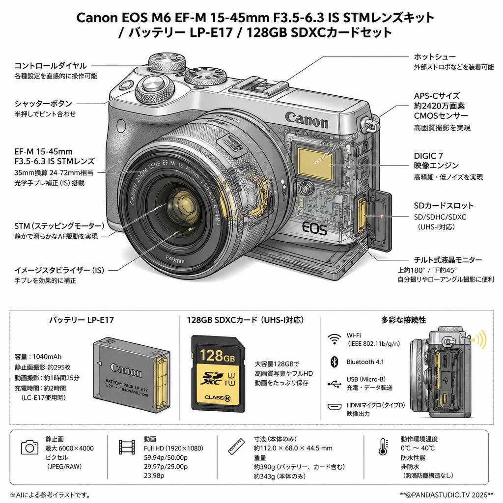 Canon EOS M6 EF-M 15-45mm F3.5-6.3 IS STMレンズキット / バッテリー LP-E17 / 128GB SDXCカードセット スペック