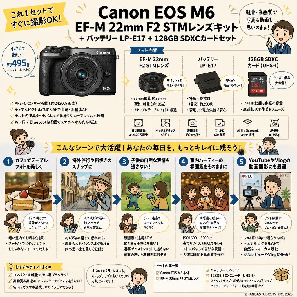 Canon EOS M6 EF-M 22mm F2 STMレンズキット / バッテリー LP-E17 / 128GB SDXCカードセット 用途