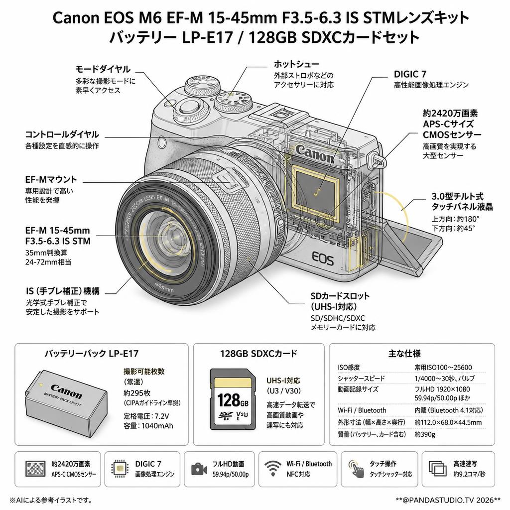 Canon EOS M6 EF-M 15-45mm F3.5-6.3 IS STMレンズキット / バッテリー LP-E17 / 128GB SDXCカードセット スペック