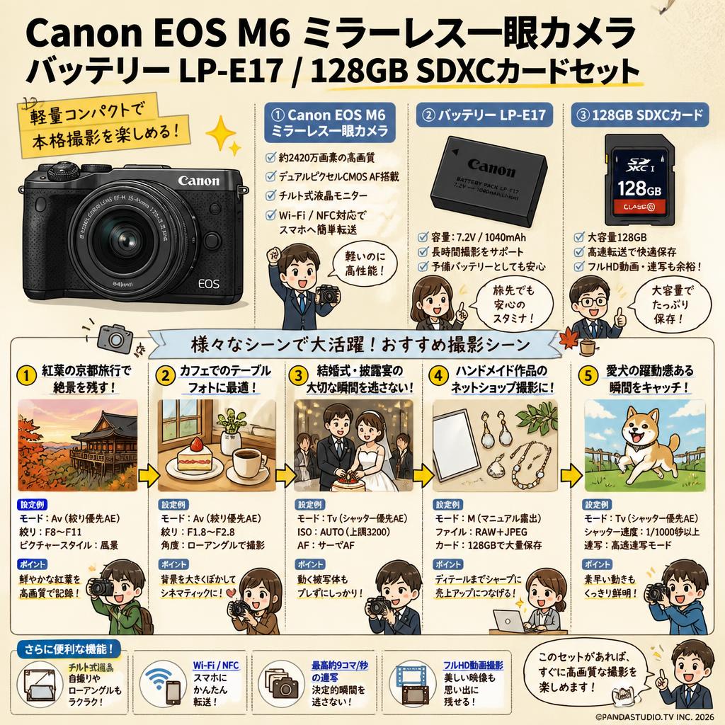 Canon EOS M6 ミラーレス一眼カメラ / バッテリー LP-E17 / 128GB SDXCカードセット 用途