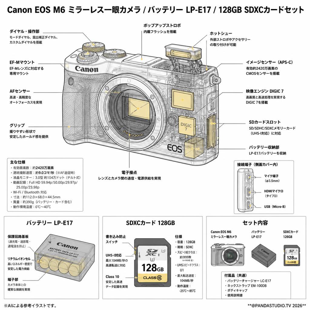 Canon EOS M6 ミラーレス一眼カメラ / バッテリー LP-E17 / 128GB SDXCカードセット スペック