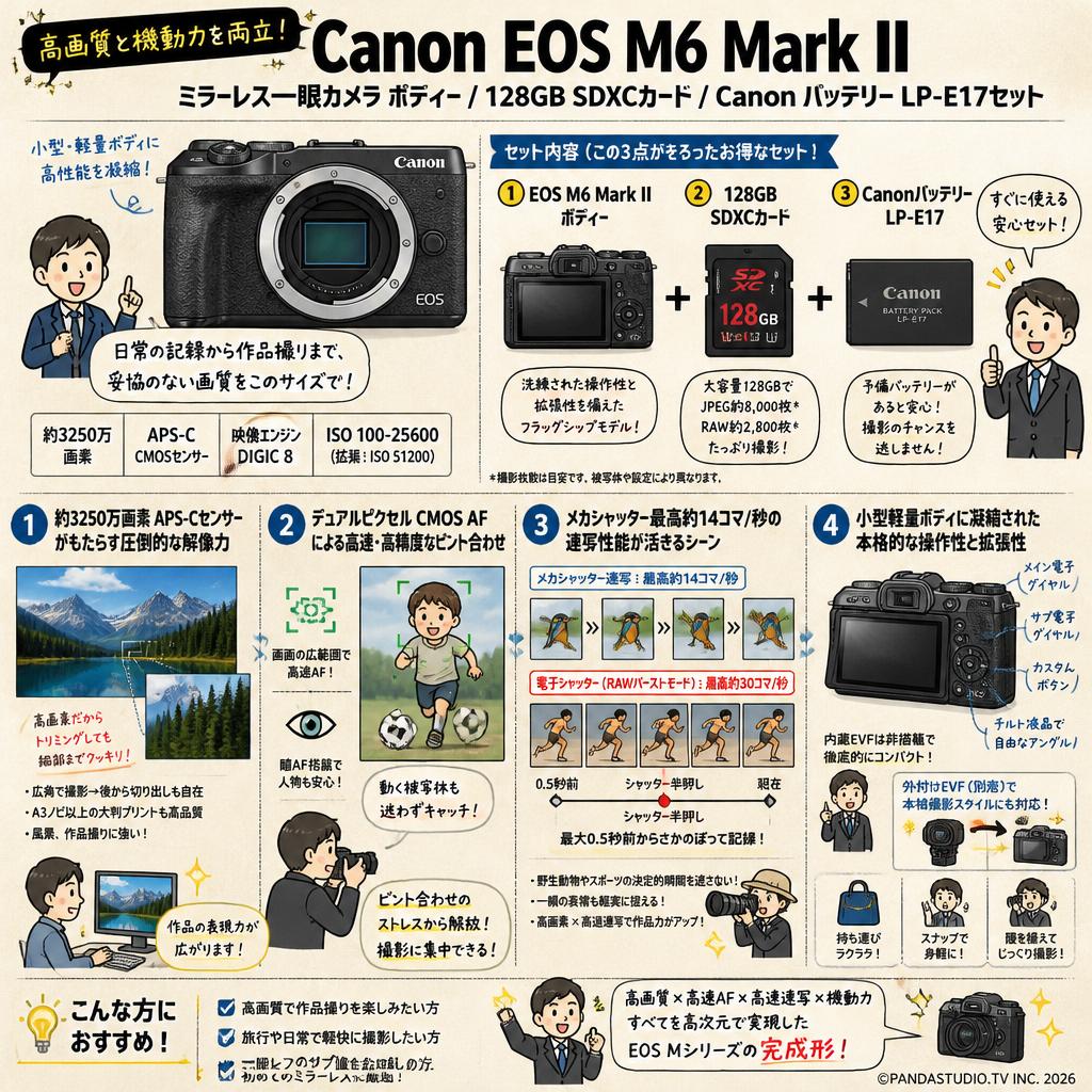 Canon EOS M6 Mark II ミラーレス一眼カメラ ボディー /  128GB SDXCカード / Canon バッテリー LP-E17セット 概要