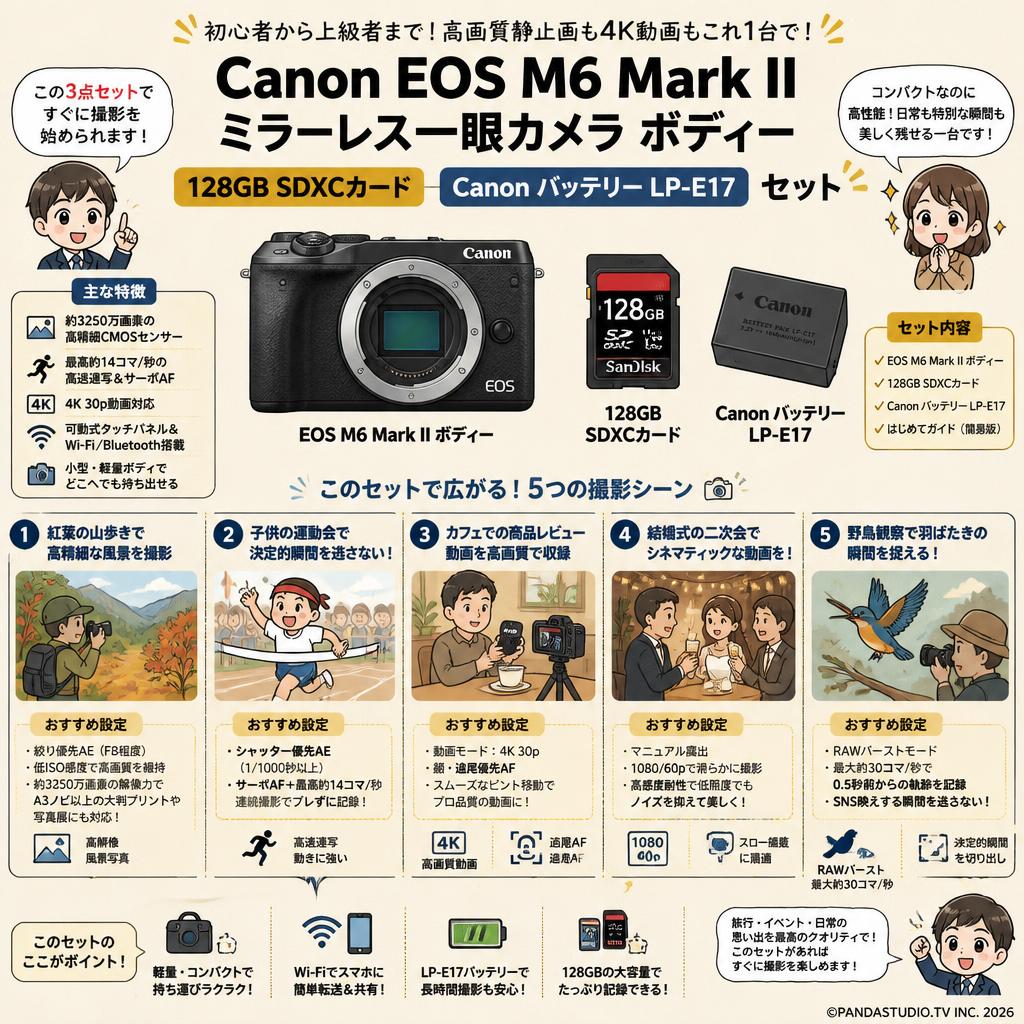 Canon EOS M6 Mark II ミラーレス一眼カメラ ボディー /  128GB SDXCカード / Canon バッテリー LP-E17セット 用途