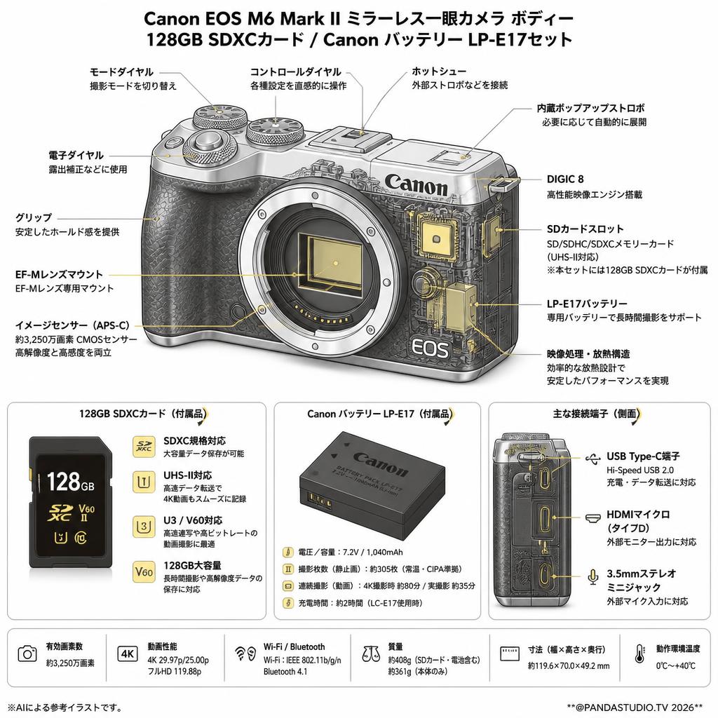 Canon EOS M6 Mark II ミラーレス一眼カメラ ボディー /  128GB SDXCカード / Canon バッテリー LP-E17セット スペック