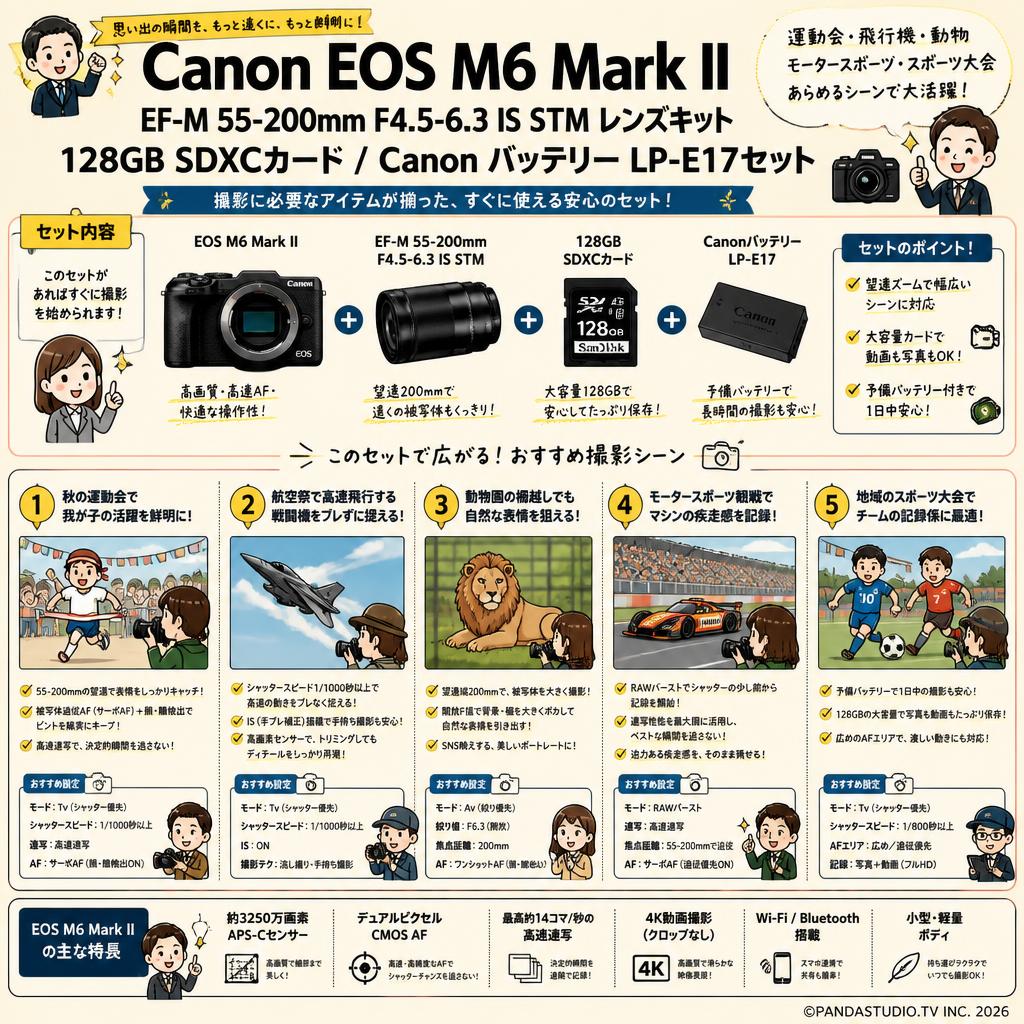 Canon EOS M6 Mark II EF-M 55-200mm F4.5-6.3 IS STM レンズキット /  128GB SDXCカード / Canon バッテリー LP-E17セット 用途