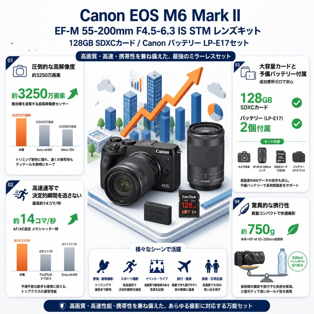 Canon EOS M6 Mark II EF-M 55-200mm F4.5-6.3 IS STM レンズキット /  128GB SDXCカード / Canon バッテリー LP-E17セット セールスポイント