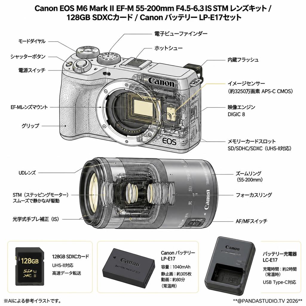 Canon EOS M6 Mark II EF-M 55-200mm F4.5-6.3 IS STM レンズキット /  128GB SDXCカード / Canon バッテリー LP-E17セット スペック