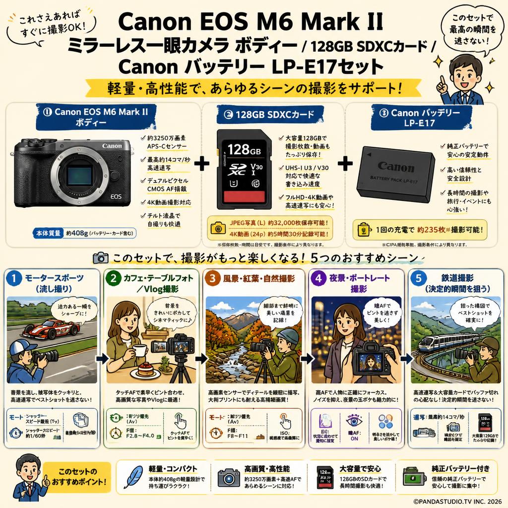 Canon EOS M6 Mark II ミラーレス一眼カメラ ボディー /  128GB SDXCカード / Canon バッテリー LP-E17セット 用途