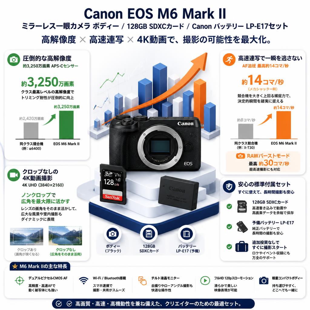 Canon EOS M6 Mark II ミラーレス一眼カメラ ボディー /  128GB SDXCカード / Canon バッテリー LP-E17セット セールスポイント
