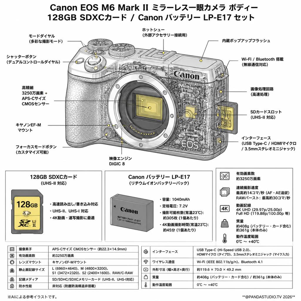 Canon EOS M6 Mark II ミラーレス一眼カメラ ボディー /  128GB SDXCカード / Canon バッテリー LP-E17セット スペック