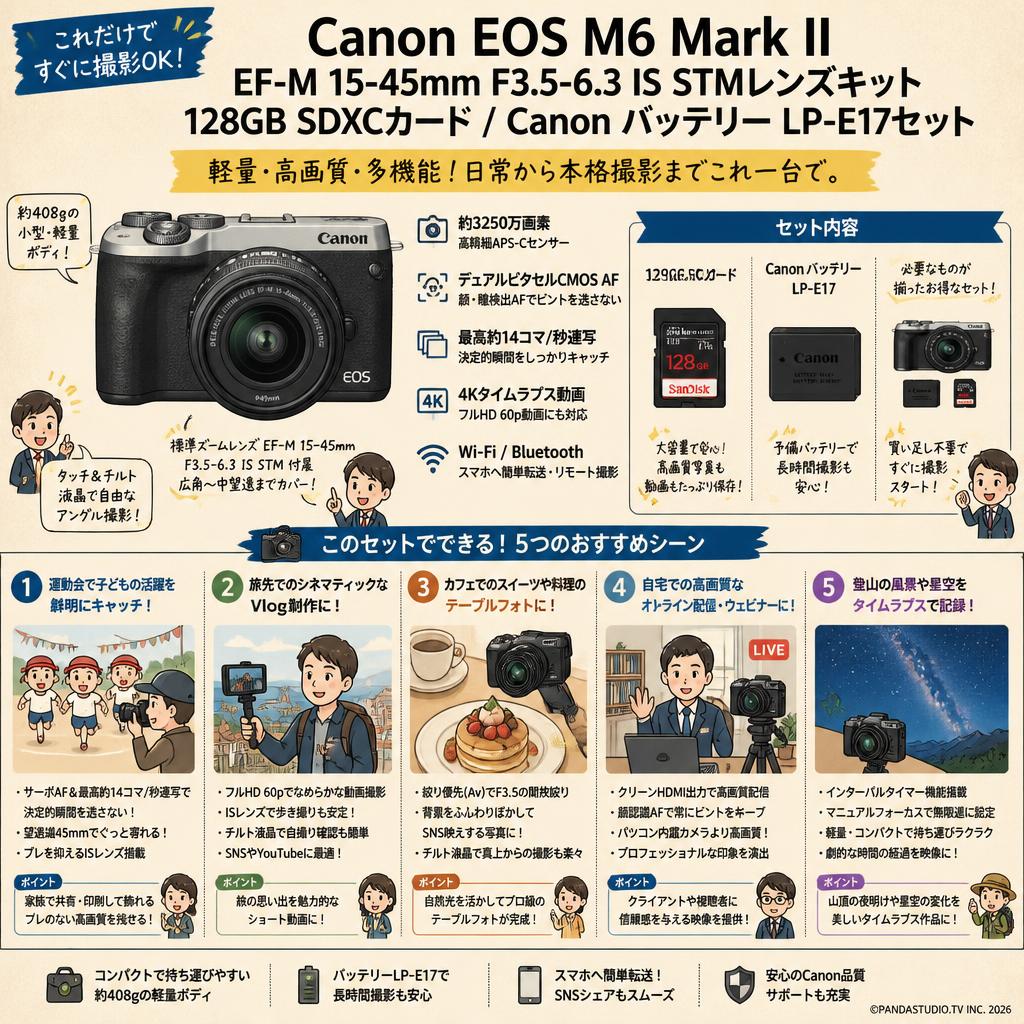 Canon EOS M6 Mark II EF-M 15-45mm F3.5-6.3 IS STMレンズキット /  128GB SDXCカード / Canon バッテリー LP-E17セット 用途