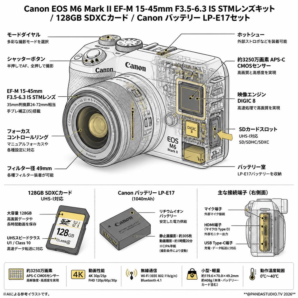 Canon EOS M6 Mark II EF-M 15-45mm F3.5-6.3 IS STMレンズキット /  128GB SDXCカード / Canon バッテリー LP-E17セット スペック
