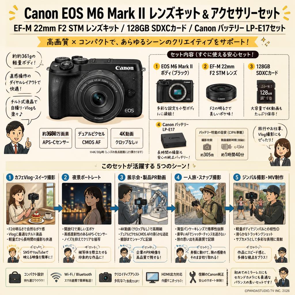 Canon EOS M6 Mark II EF-M 22mm F2 STM レンズキット /  128GB SDXCカード / Canon バッテリー LP-E17セット． 用途
