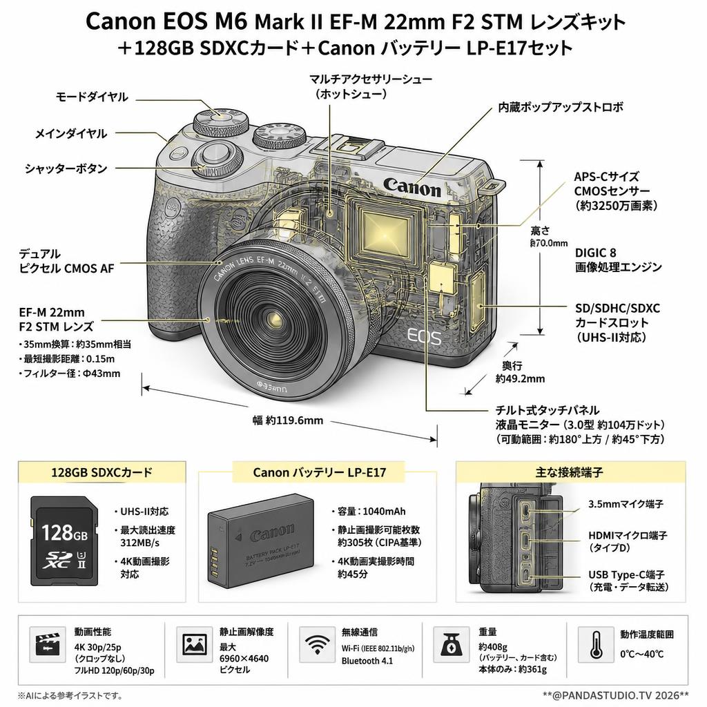 Canon EOS M6 Mark II EF-M 22mm F2 STM レンズキット /  128GB SDXCカード / Canon バッテリー LP-E17セット． スペック