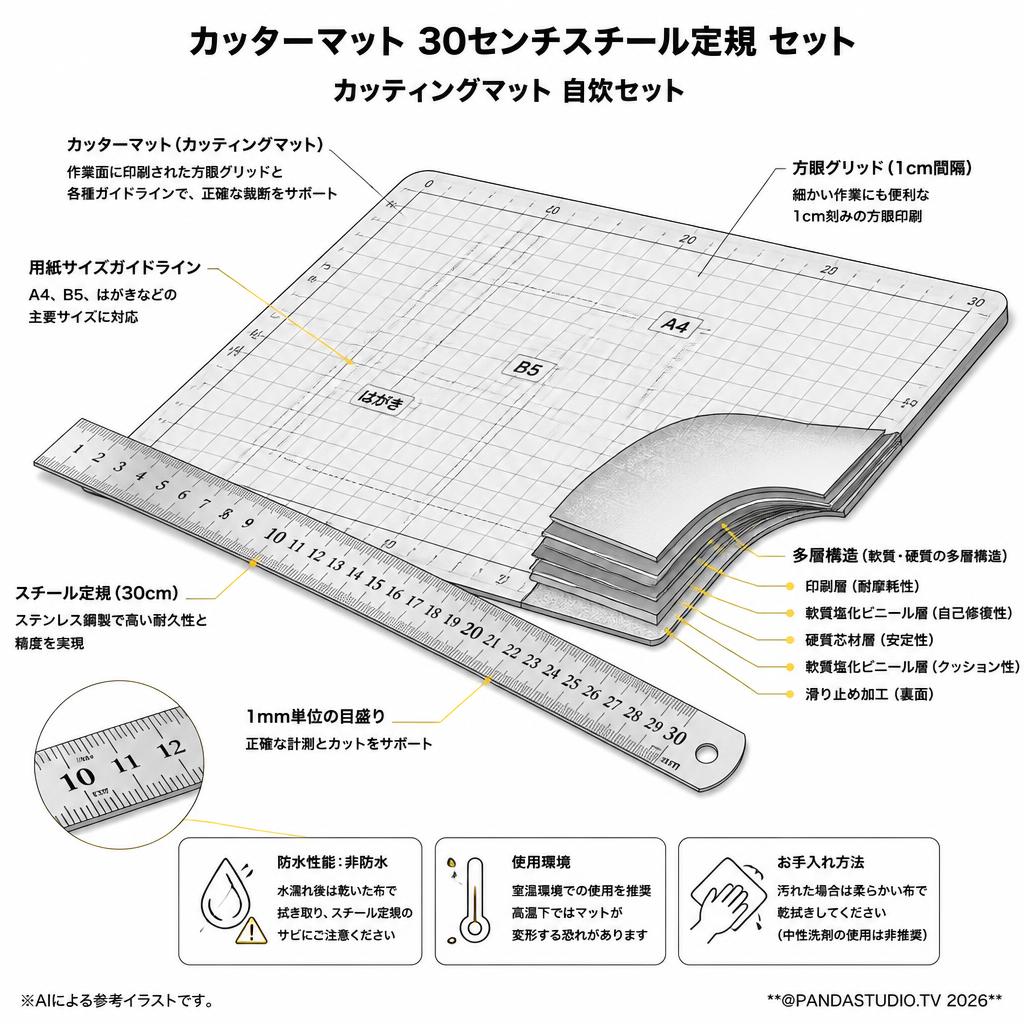 カッターマット 30センチスチール定規 セット カッティングマット 自炊セット スペック