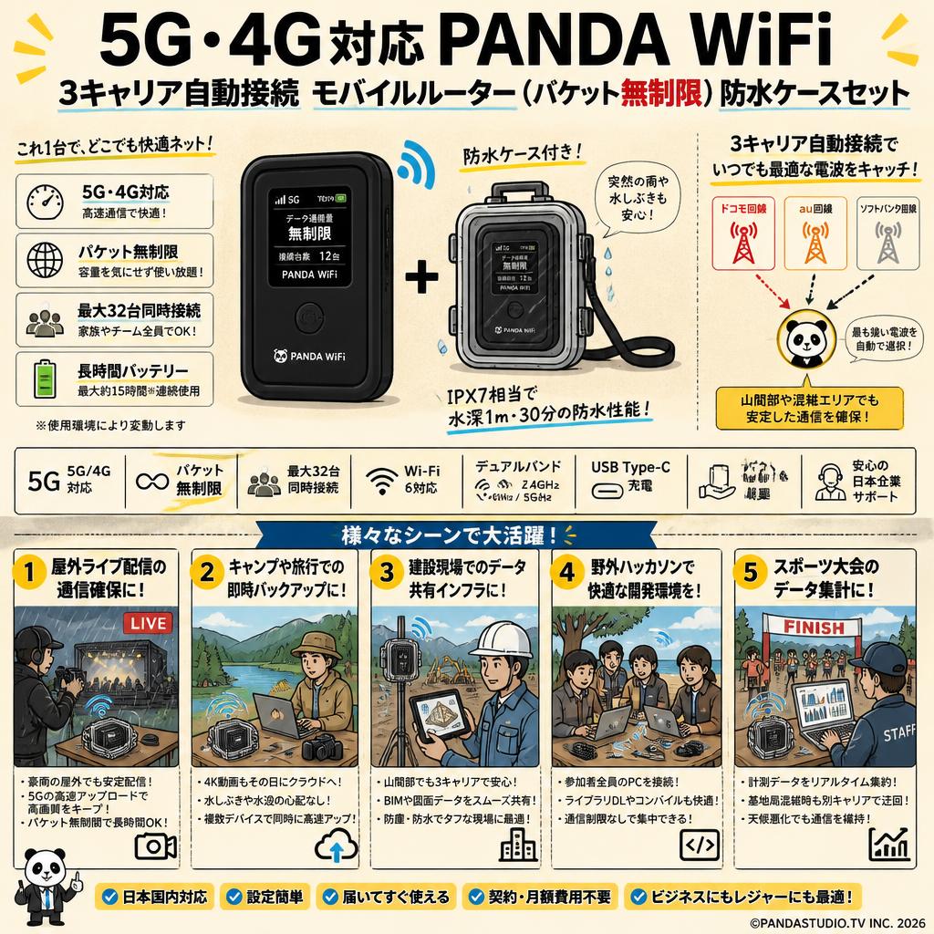 5G・4G対応 PANDA WiFi 3キャリア自動接続 モバイルルーター（パケット無制限） 防水ケースセット 用途