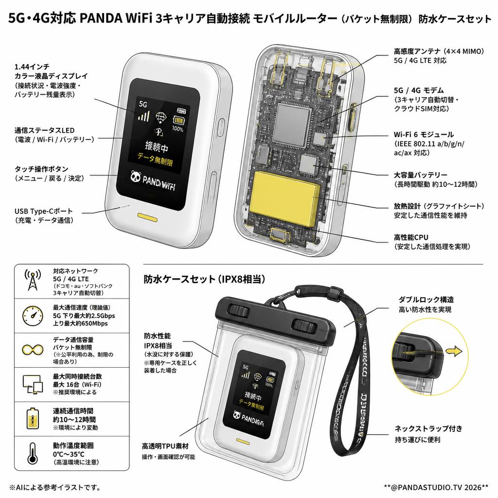 5G・4G対応 PANDA WiFi 3キャリア自動接続 モバイルルーター（パケット無制限） 防水ケースセット スペック