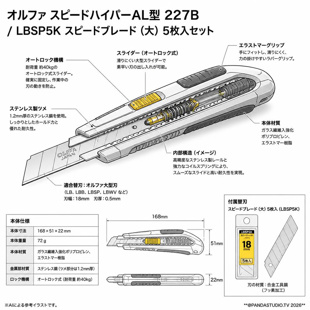 オルファスピードハイパーAL型 227B / LBSP5K スピードブレード（大）5枚入セット スペック