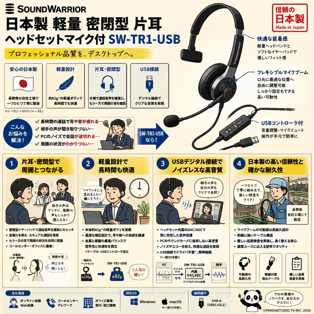 SOUNDWARRIOR 日本製 軽量 密閉型 片耳 ヘッドセットマイク付 SW-TR1-USB 概要
